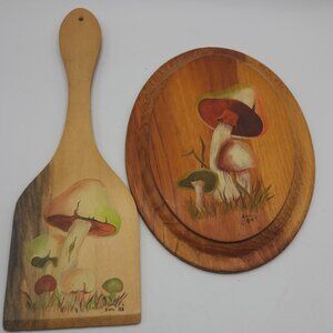 Vintage Wood Plaque and Spoon Decor with Hand Painted Mushrooms Signed Evie 83